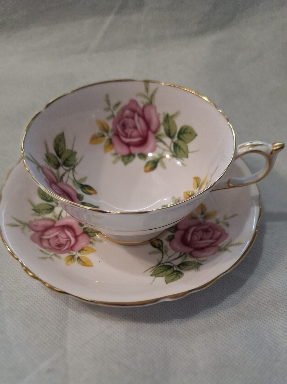 Paragon Bone China England Pink Rose Teacup and Saucer Set with Gold Trim